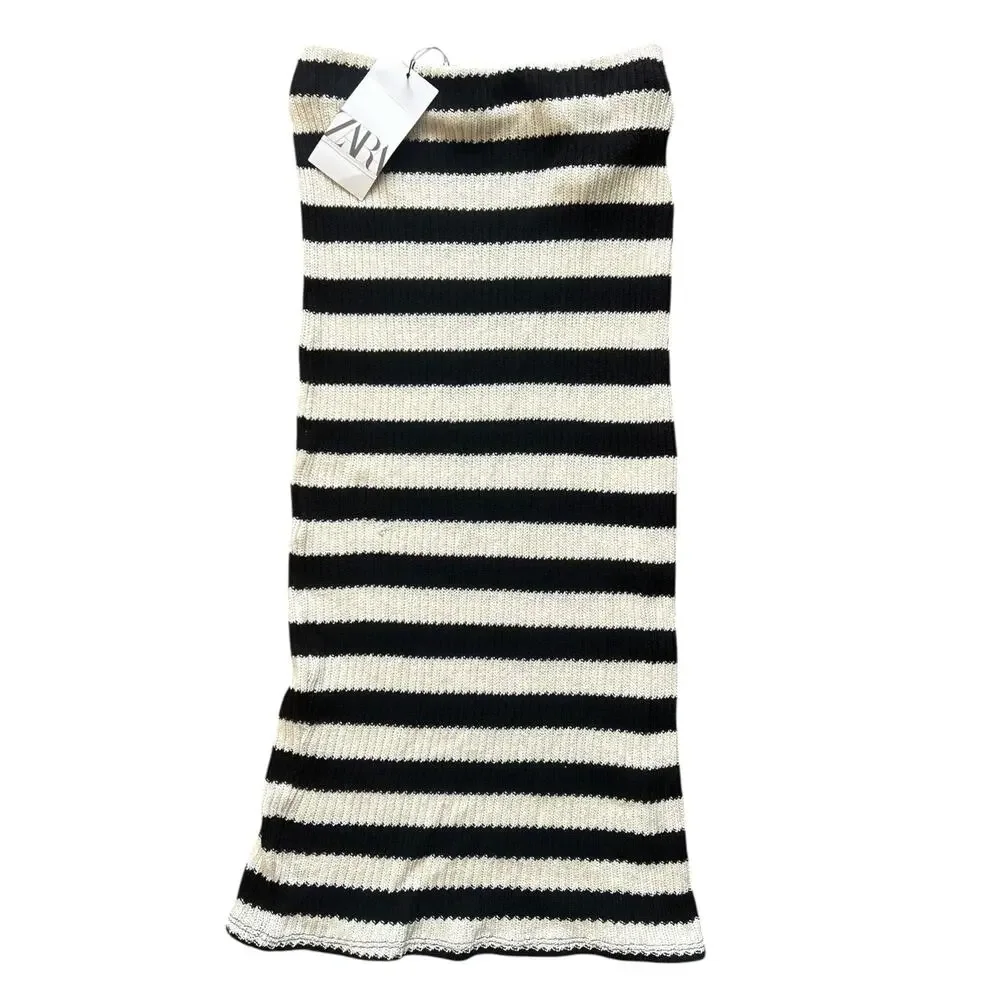 NWT Zara Black and White Striped Knit Midi Skirt Size Small